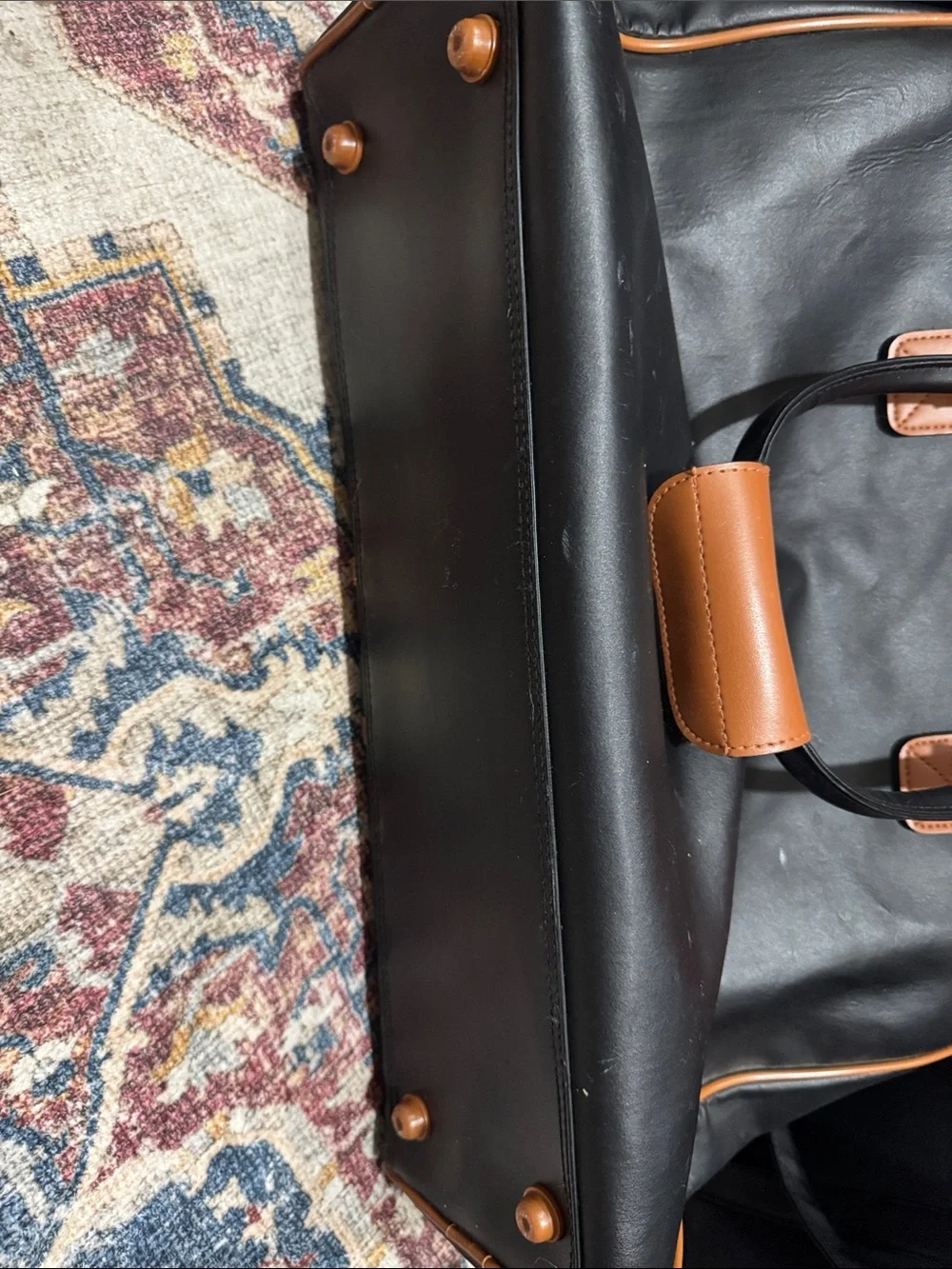 Vintage inspired Black and Brown Leather-Trim Travel Tote